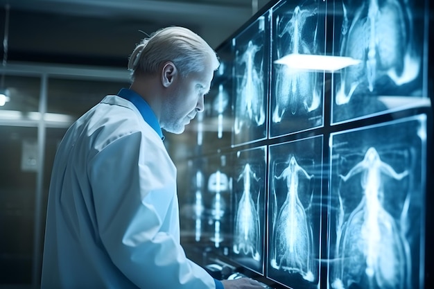 Arzt betrachtet Röntgenbilder im Labor. Radiologe arbeitet mit MRT-Scans