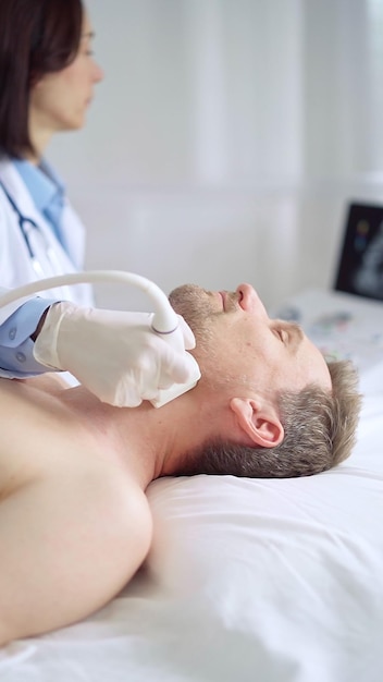 Arzt führt eine Ultraschalluntersuchung des Halses bei einem männlichen Patienten durch