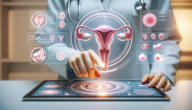 Arzt hält einen virtuellen Bildschirm mit Gebärmutter, Fortpflanzungssystem, weiblichem Gesundheitskonzept