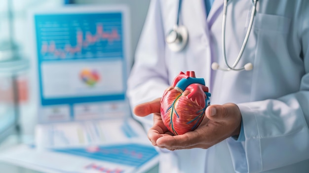 Arzt hält Herzmodell in der Klinik Herz-Kreislauf-Gesundheit und Fettleibigkeit-Verbindung