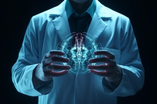 Arzt im futuristischen medizinischen Konzept drückt auf den Knopf