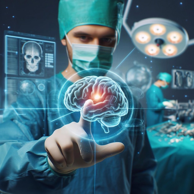 Arzt im Operationssaal und Hirnsystem grafische Hologrammtechnologie generative Ai-Kunst