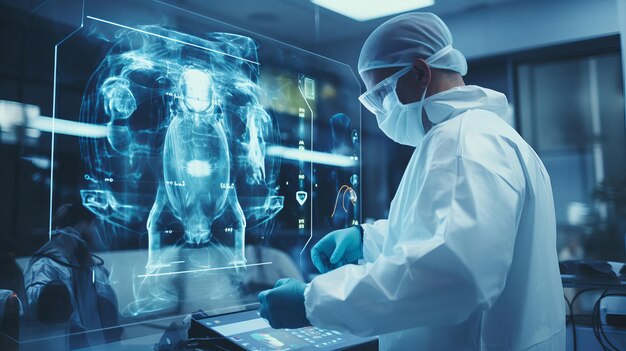 Arzt in blauem Mantel arbeitet in einem futuristischen Krankenhaus