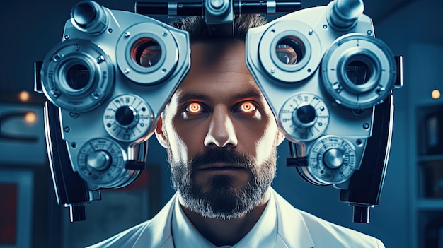 Arzt in einer optischen Klinik mit futuristischen Ophthalmoskop-Ausrüstung, der Augenuntersuchungen und Forschung zur Heilung des Sehvermögens durchführt