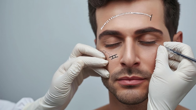 Arzt in Schutzhandschuhen zeichnet Markierungen auf der Nase des Mannes für eine Schönheitsoperation, die vor grauem Studiohintergrund im freien Raum steht