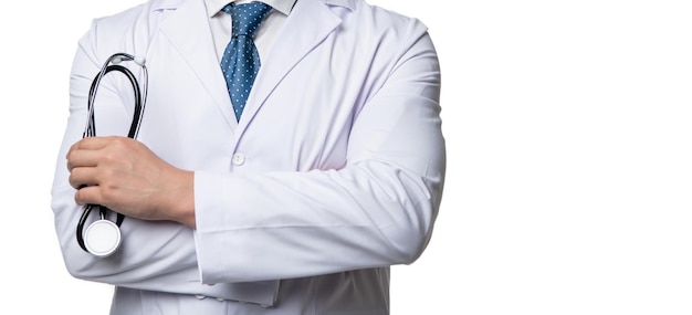 Arzt-mann-ernteansicht arzt, der stethoskop hält klinischer arzt im weißen kittel
