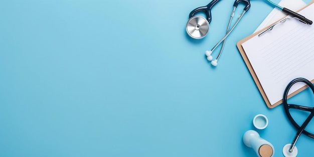 Foto arzt, medizinische ausrüstung, blauer tisch mit stethoskop