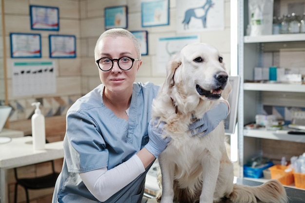 Arzt mit Haushund, der in der Tierklinik arbeitet