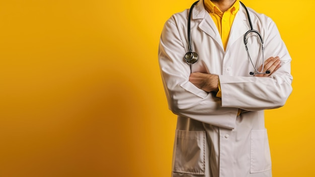 Arzt mit Stethoskop auf gelben Hintergrund