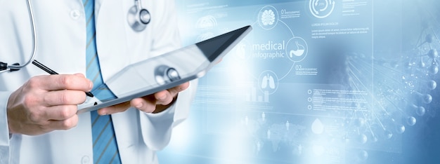 Arzt mit Tablet auf blauem Hintergrund und Illustration
