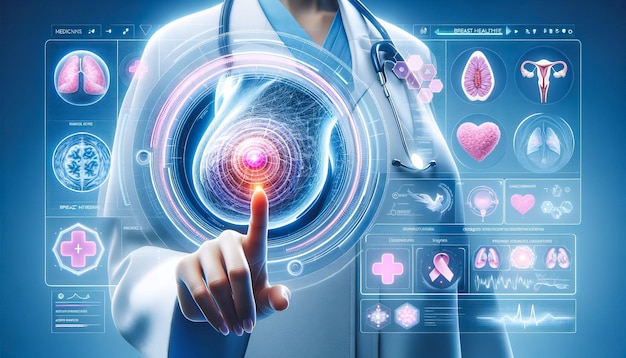 Arzt mit virtuellem Bildschirmhologramm prüft Brustgesundheit weibliches Gesundheitskonzept