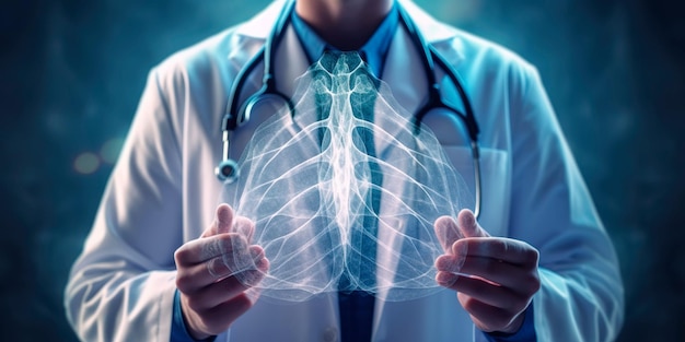 Arzt oder medizinisches Fachpersonal trägt einen weißen Kittel und hält ein Stethoskop in der Hand, umgeben von Röntgenaufnahmen der Lunge, die Anzeichen von Tuberkulose zeigen. Generative KI