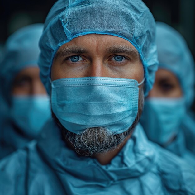 Arzt Porträt Männer mit Maske Mockup Banner und Sicherheit in der Gesundheitsversorgung im Krankenhaus