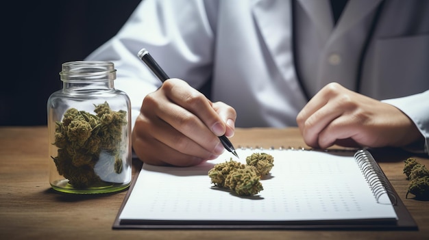 Arzt schreibt auf Rezeptrohling und Flasche mit medizinischem Cannabis und CBD-Öl auf dem Tisch in Großaufnahme