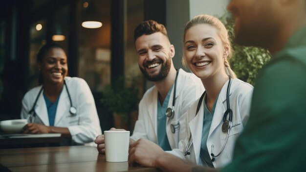 Arzt und Krankenschwester trinken Kaffee im Laden, um sich vor der Arbeit zu entspannen