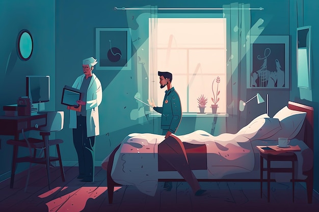 Arzt und Patient im Krankenhauszimmer Illustration im flachen Stil