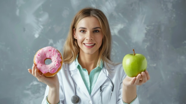Arzt wählt zwischen Apfel und Donut