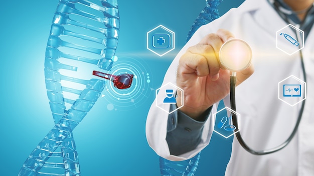 Arztcheck mit Analyse der Chromosomen-DNA-Genetik des Menschen auf der virtuellen Schnittstelle. Medizinisches Wissenschaftskonzept, 3D-Darstellung