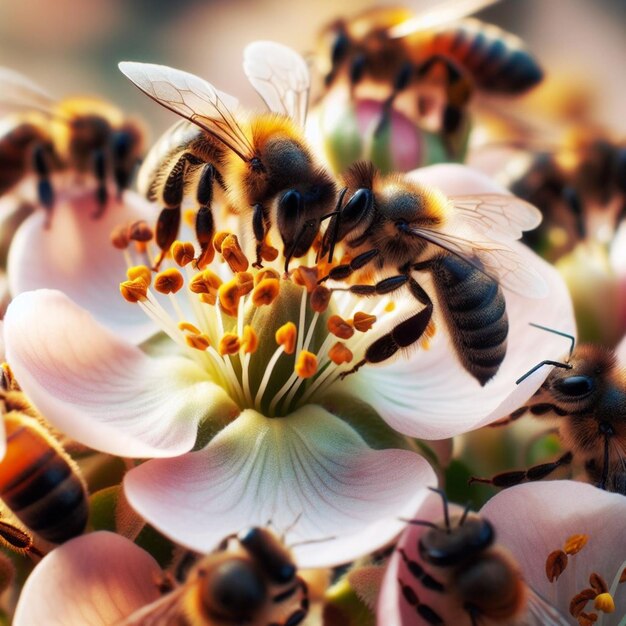 Foto as abelhas coletam diligentemente néctar e pólen, contribuindo para o ecossistema ao polinizar as flores