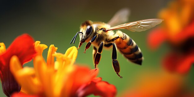 As abelhas de mel pousam e comem o pólen das flores em cardo roxo num fundo verde borrado à luz do sol