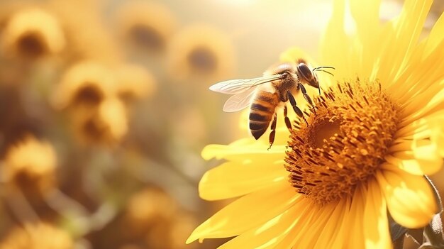 As abelhas polinizam as flores na névoa matinal dos últimos dias de verão. A paisagem, o silêncio e a beleza da vida selvagem no início do outono.