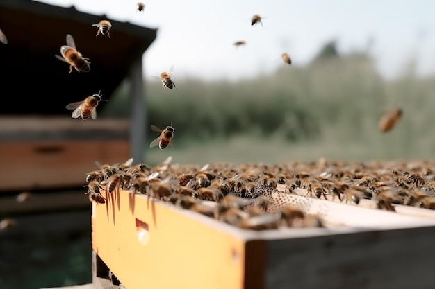 As abelhas voam ao redor da colméia O conceito de apicultura fecha a IA gerada