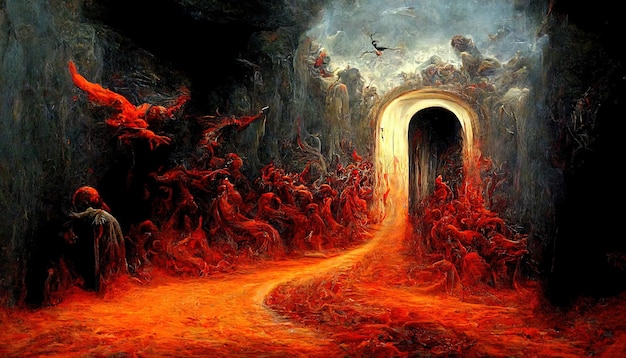 As almas da metáfora do inferno do inferno entrando no inferno em movimento fluido hipnotizante com fogo e fumaça do inferno