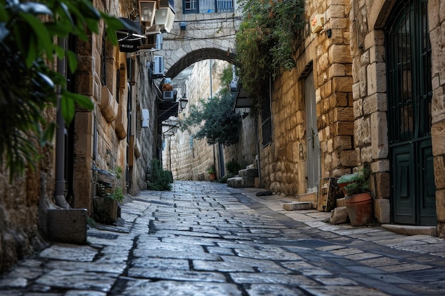 As antigas ruas de pedra de Jerusalém Antiga arco de pedra com iluminação de lanterna em Jerusalém 39s Cidade Velha Ai gerado