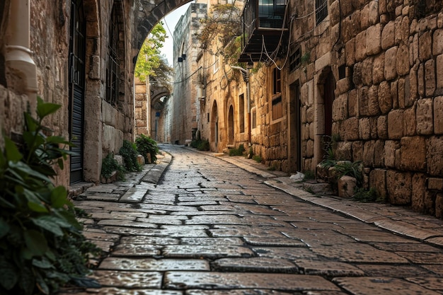 As antigas ruas de pedra de Jerusalém Antiga arco de pedra com iluminação de lanterna em Jerusalém 39s Cidade Velha Ai gerado