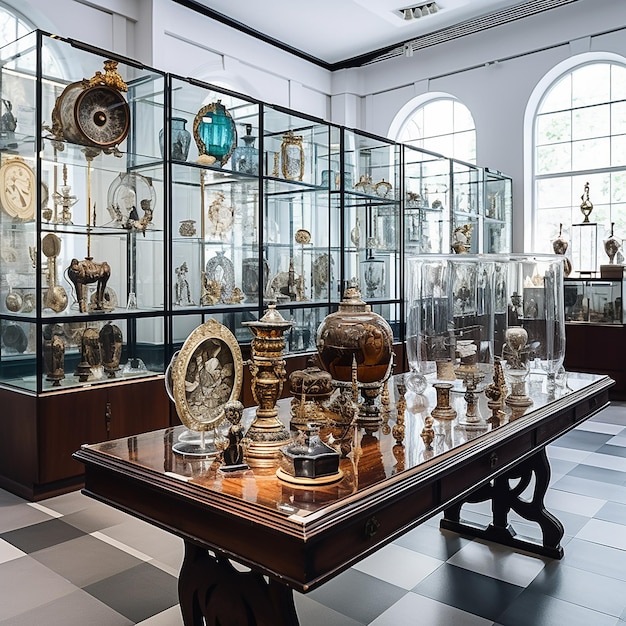 Foto as antiguidades do museu estão cercadas por vidro transparente e isoladas em um fundo de parede branca