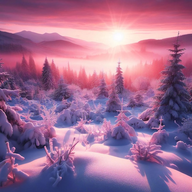 As árvores cobertas de neve estão em silêncio de admiração com o brilho rosado da natureza abraçar