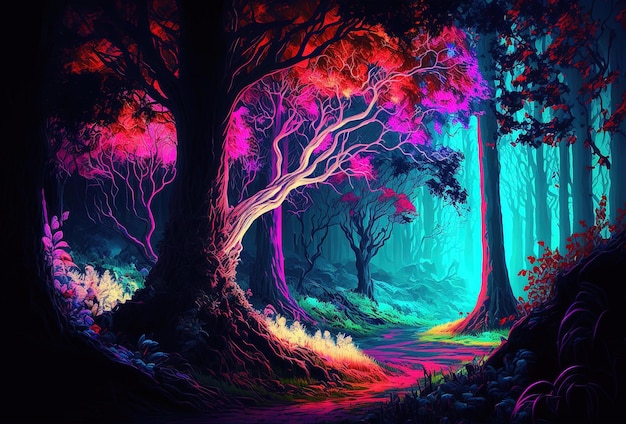 As árvores escuras são iluminadas por luz neon psicodélica multicolorida Uma floresta de conto de fadas uma paisagem mística surreal Um caminho misterioso através do matagal Renderização em 3D gerada por IA