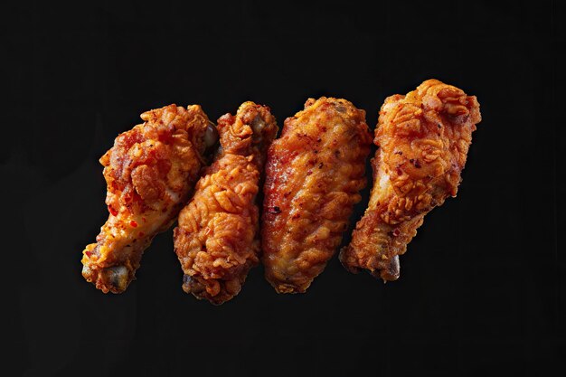 As asas de frango fritas picantes com fundo preto Vista superior Espaço de cópia