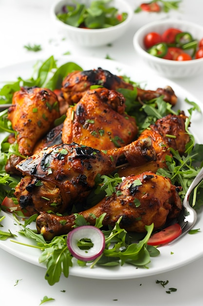 As asas de frango grelhadas com salada de vegetais frescos sobre um fundo branco