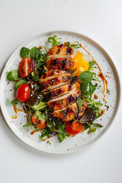 As asas de frango grelhadas com salada de vegetais frescos sobre um fundo branco