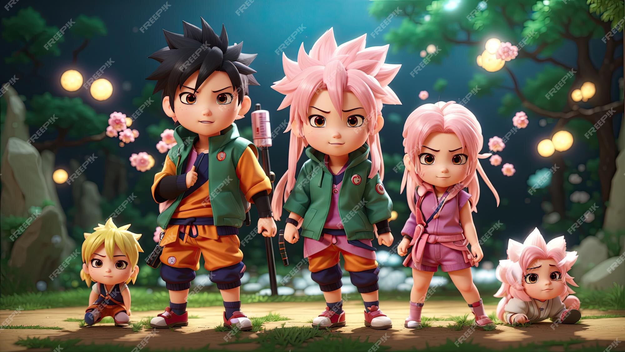 As aventuras de naruto sakura e goku em uma floresta mágica