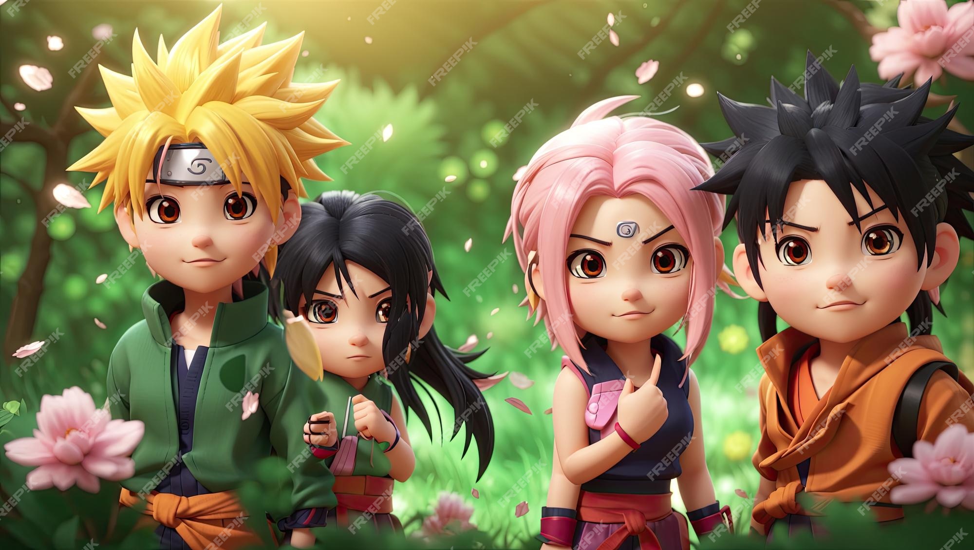 As aventuras de naruto sakura e goku em uma floresta mágica