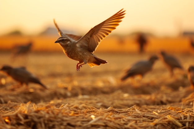 As aves voadoras recolhem grãos no campo após a colheita por meio de uma combinação geradora.