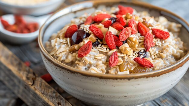 Foto as bagas de acai e as bagas de goji espalhadas sobre uma tigela de aveia transformam um pequeno-almoço clássico numa super alimentação.