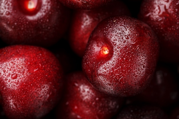 As bagas maduras e frescas de uma cereja doce com água deixam cair o close up.