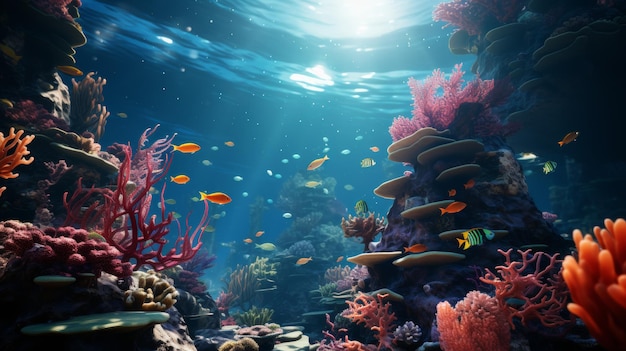 As barbatanas dos mergulhadores e as bolhas de ar sob a água, os recifes de coral e os peixes coloridos visíveis, enfatizando a beleza