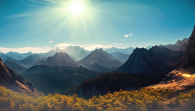 Foto as belas montanhas e um sol brilhante