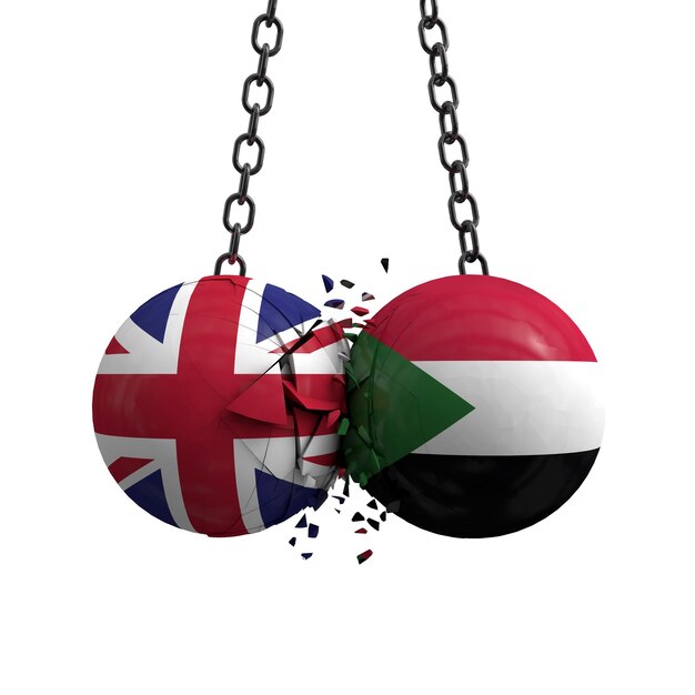 As bolas políticas da bandeira do Reino Unido e do Sudão se chocam Renderização 3D