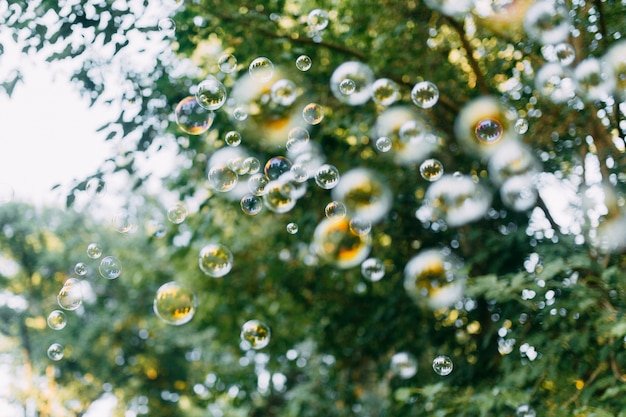 Foto as bolhas de sabão do arco-íris do soprador de bolhas com bokeh bonito