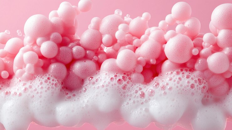 Foto as bolhas rosas suaves formam um fundo convidativo e texturizado sugerindo uma sensação de frescura e limpeza perfeita para produtos cosméticos ou de limpeza
