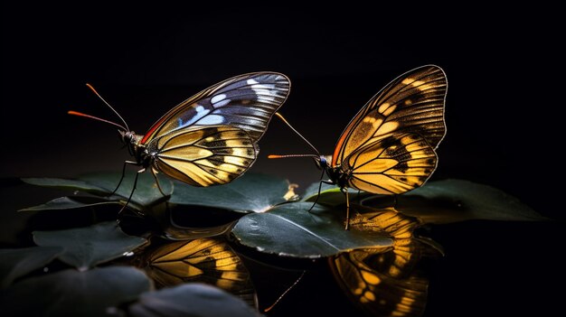 As borboletas estão sentadas numa folha com um fundo preto.