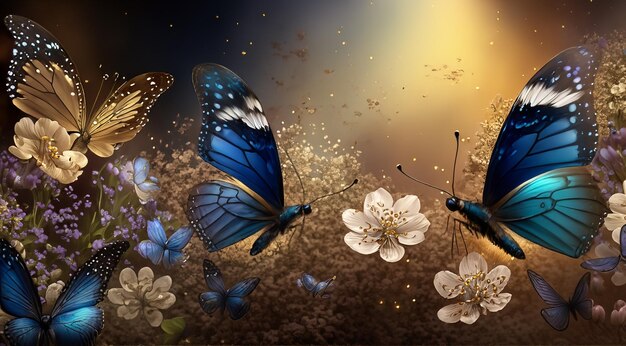 Foto as borboletas estão voando em torno das flores e as borboletas están voando