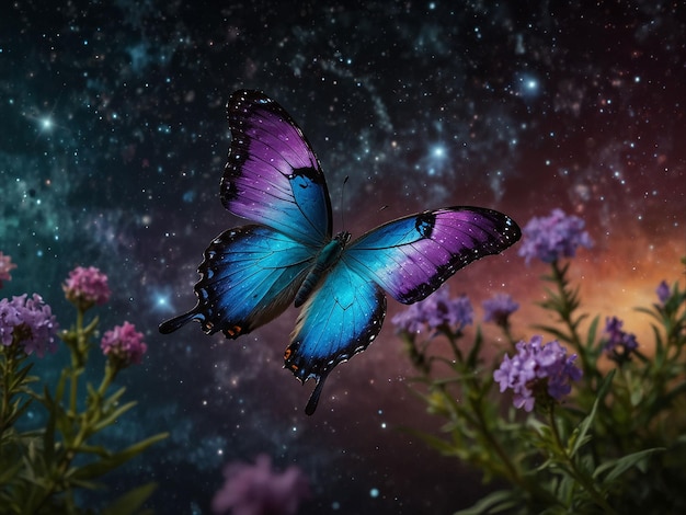 Foto as borboletas voam no céu escuro da noite