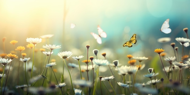 As borboletas voam sobre um campo iluminado pelo sol de flores brancas e amarelas