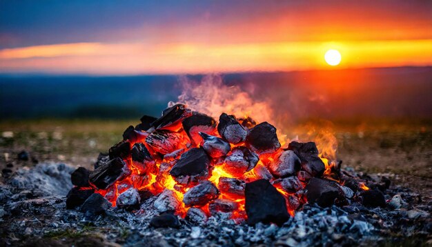 As brasas brilham na noite, um símbolo do calor que se desvanece, um fogo apagado contra um pôr-do-sol tranquilo.